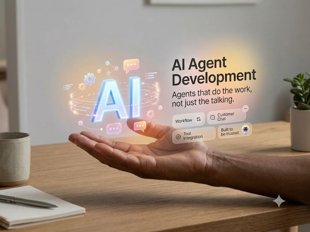 Hand presenting an AI agent hologram